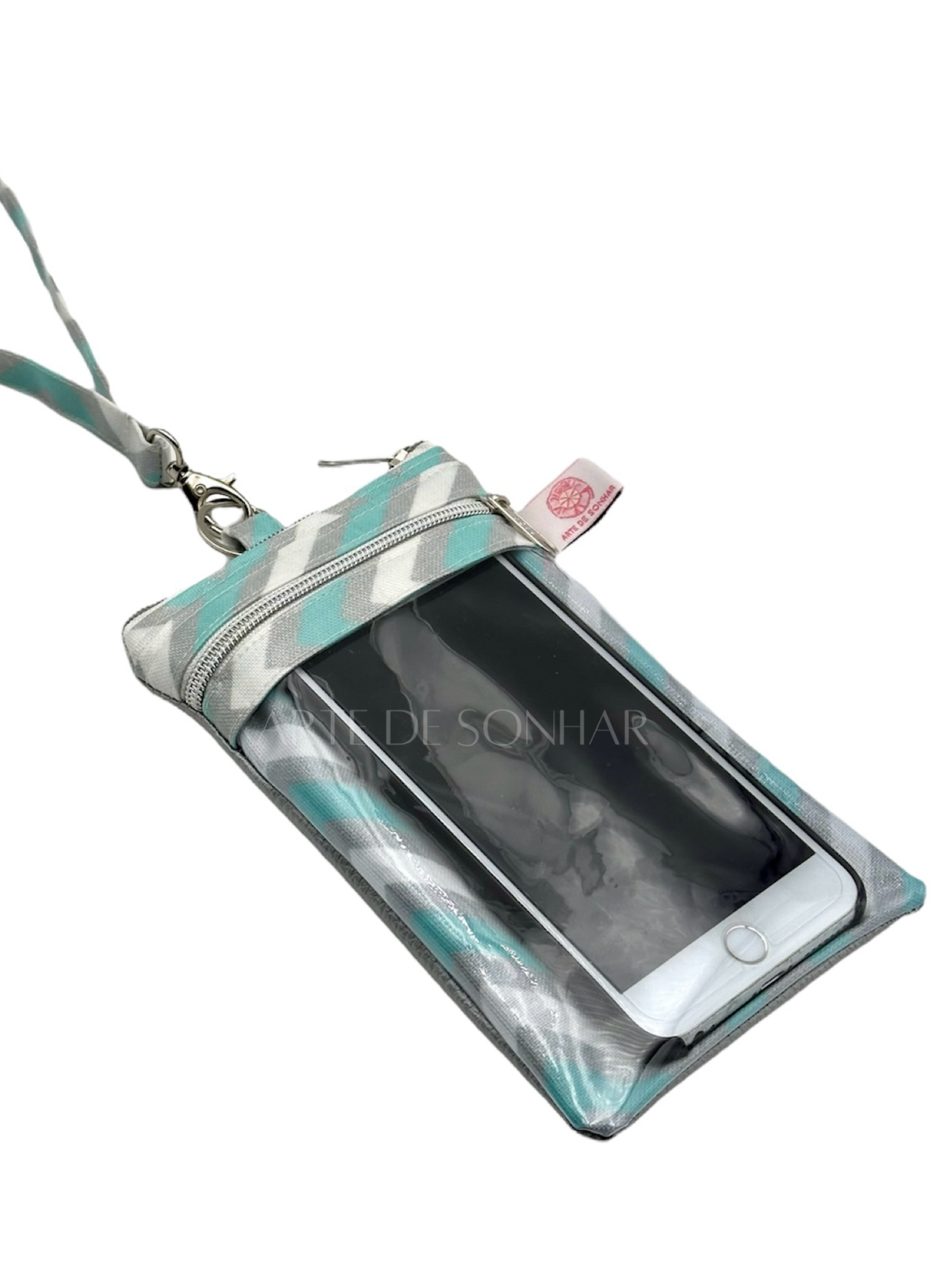 Bolsa de telemóvel de pescoço M verde água, branco e prateado