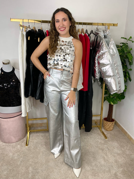 Calças cargo metalizadas