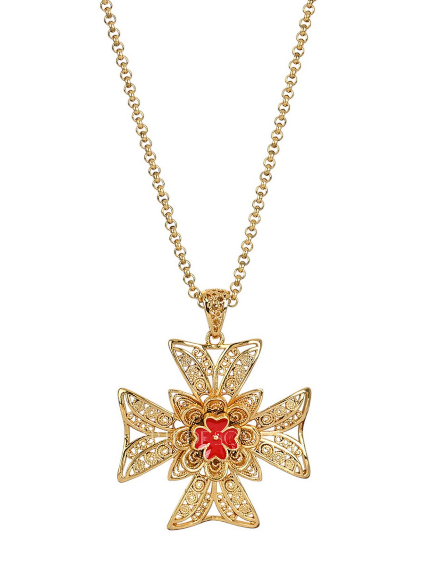 Colar Cruz de Malta com trevo vermelho XL