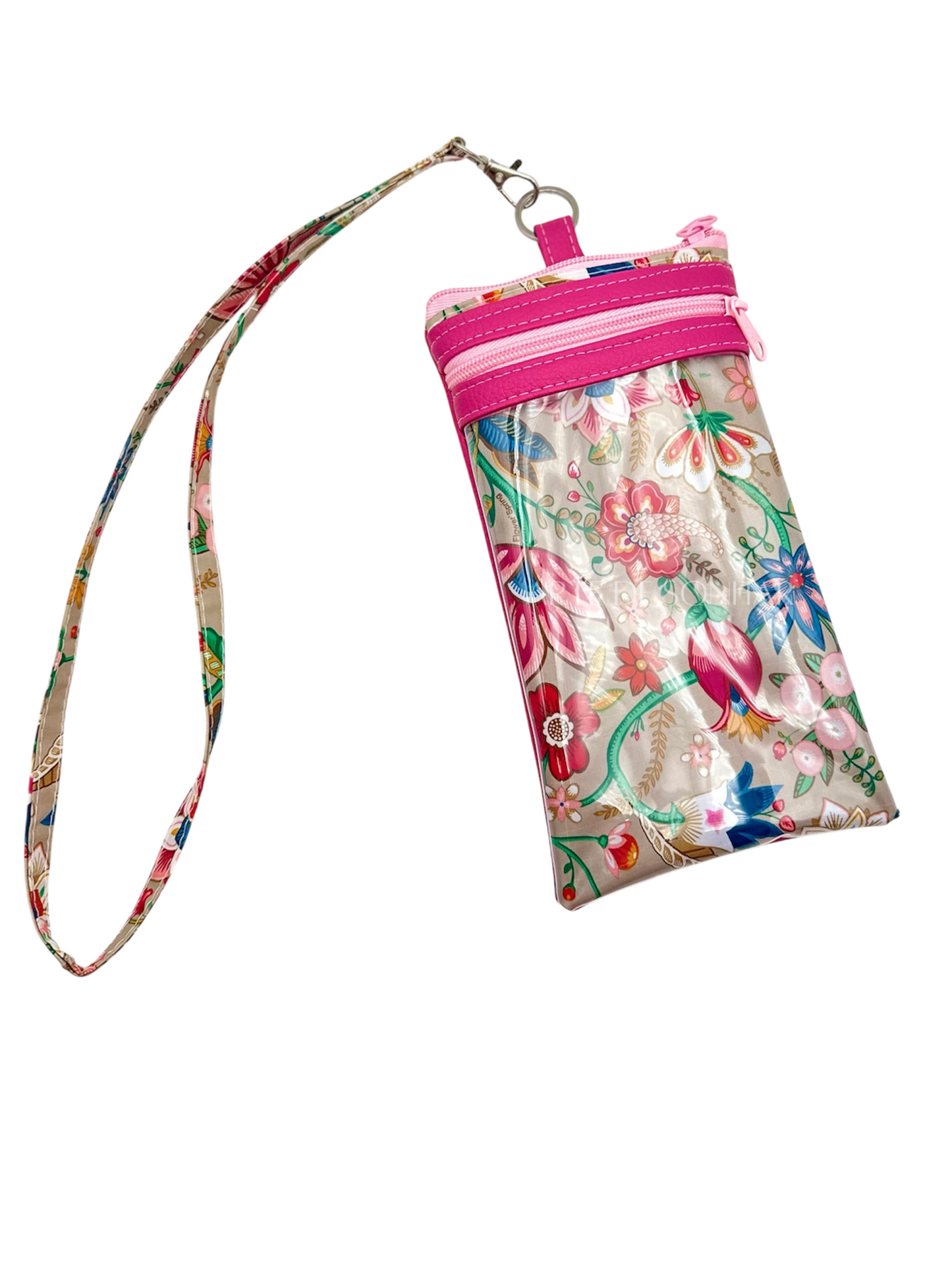 Bolsa de telemóvel de pescoço L bege com rosa e alça de flores