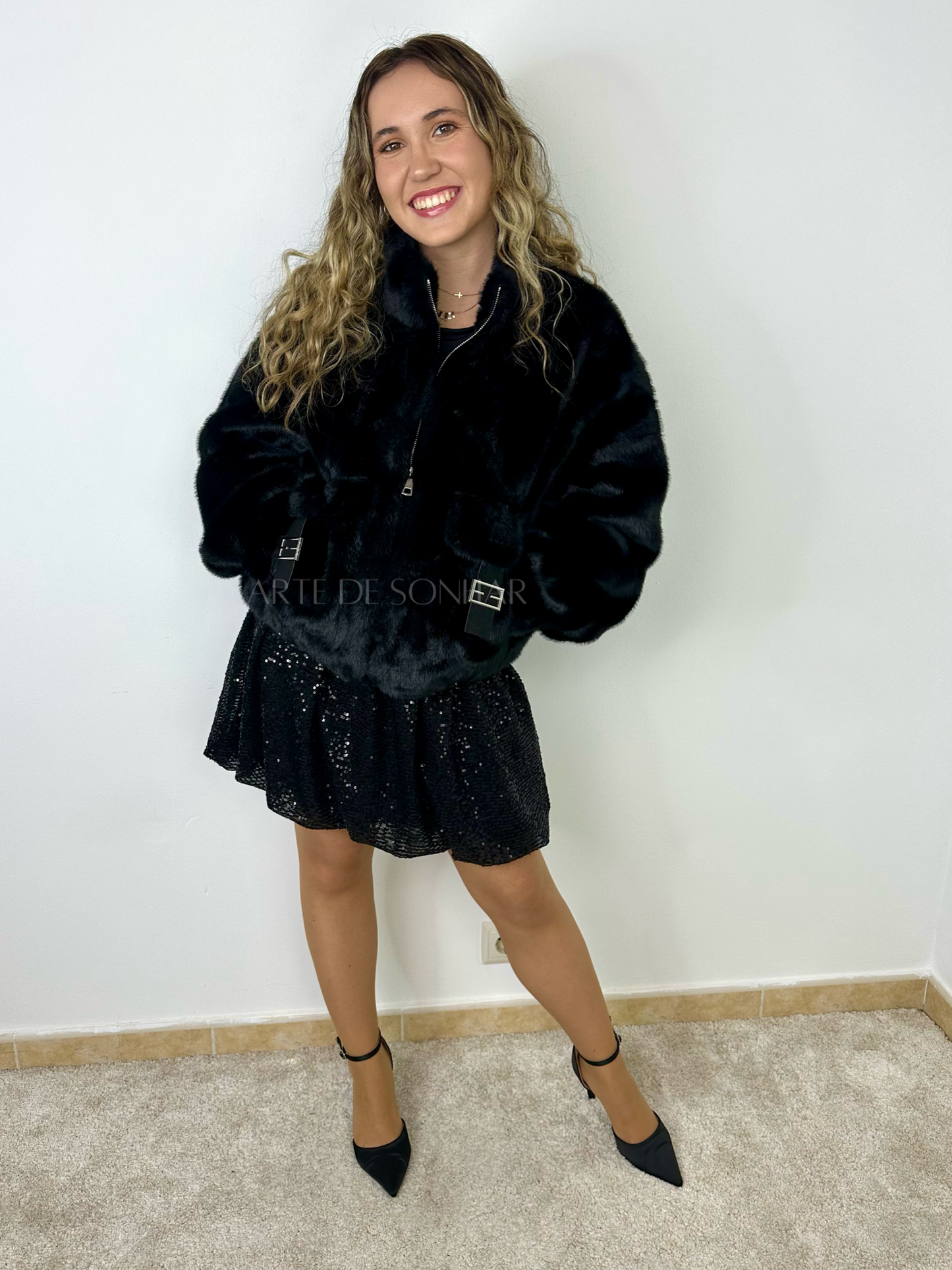 Casaco bomber de pelo preto