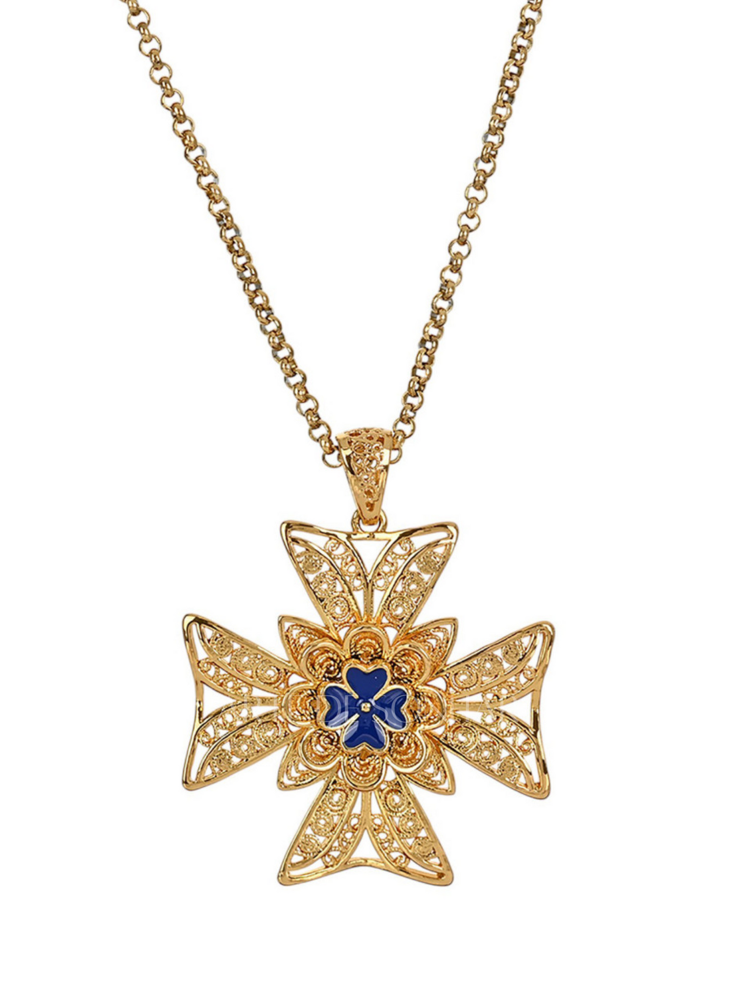 Colar Cruz de Malta com trevo azul XL