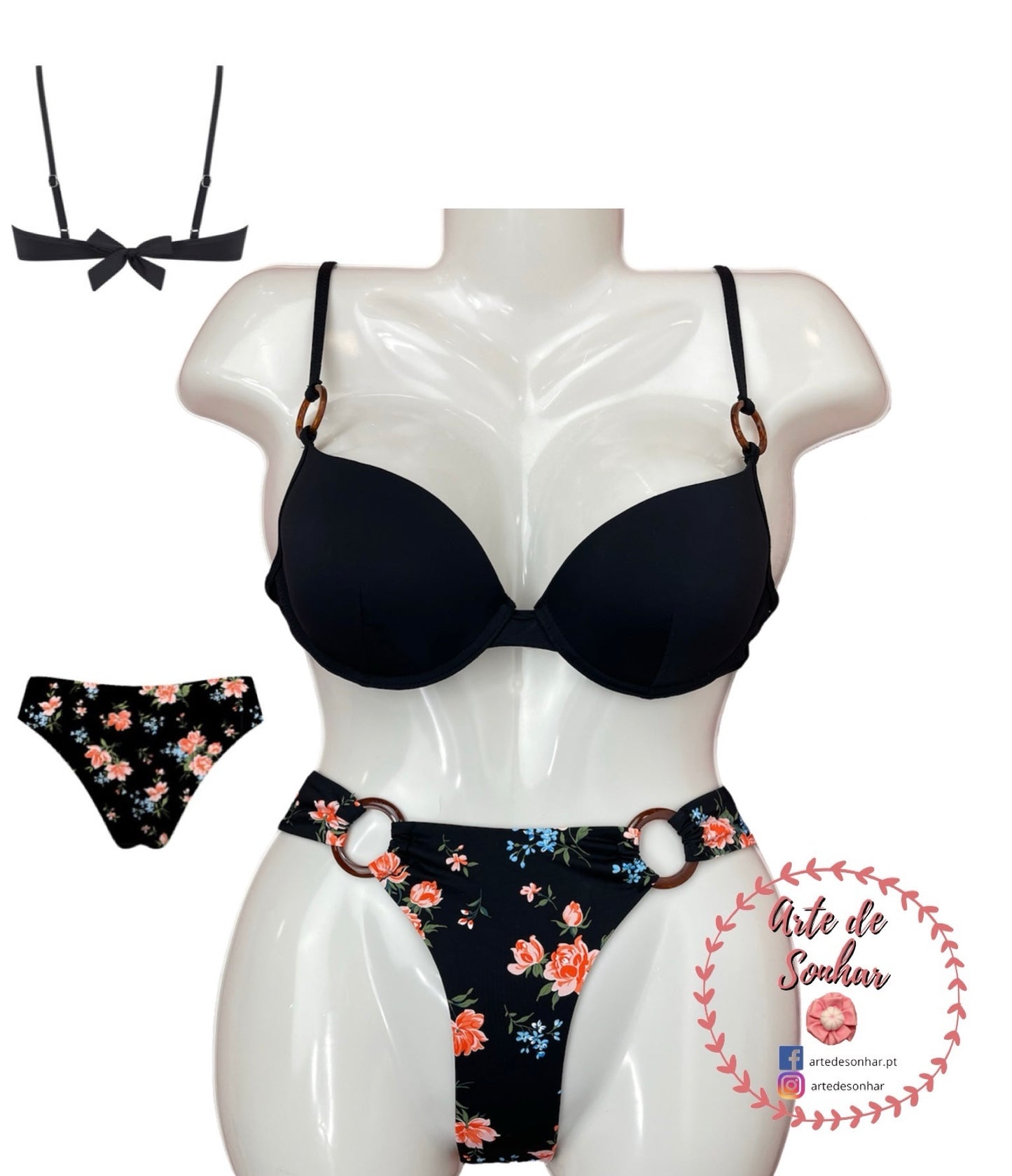 Cueca de flores com argolas castanhas
