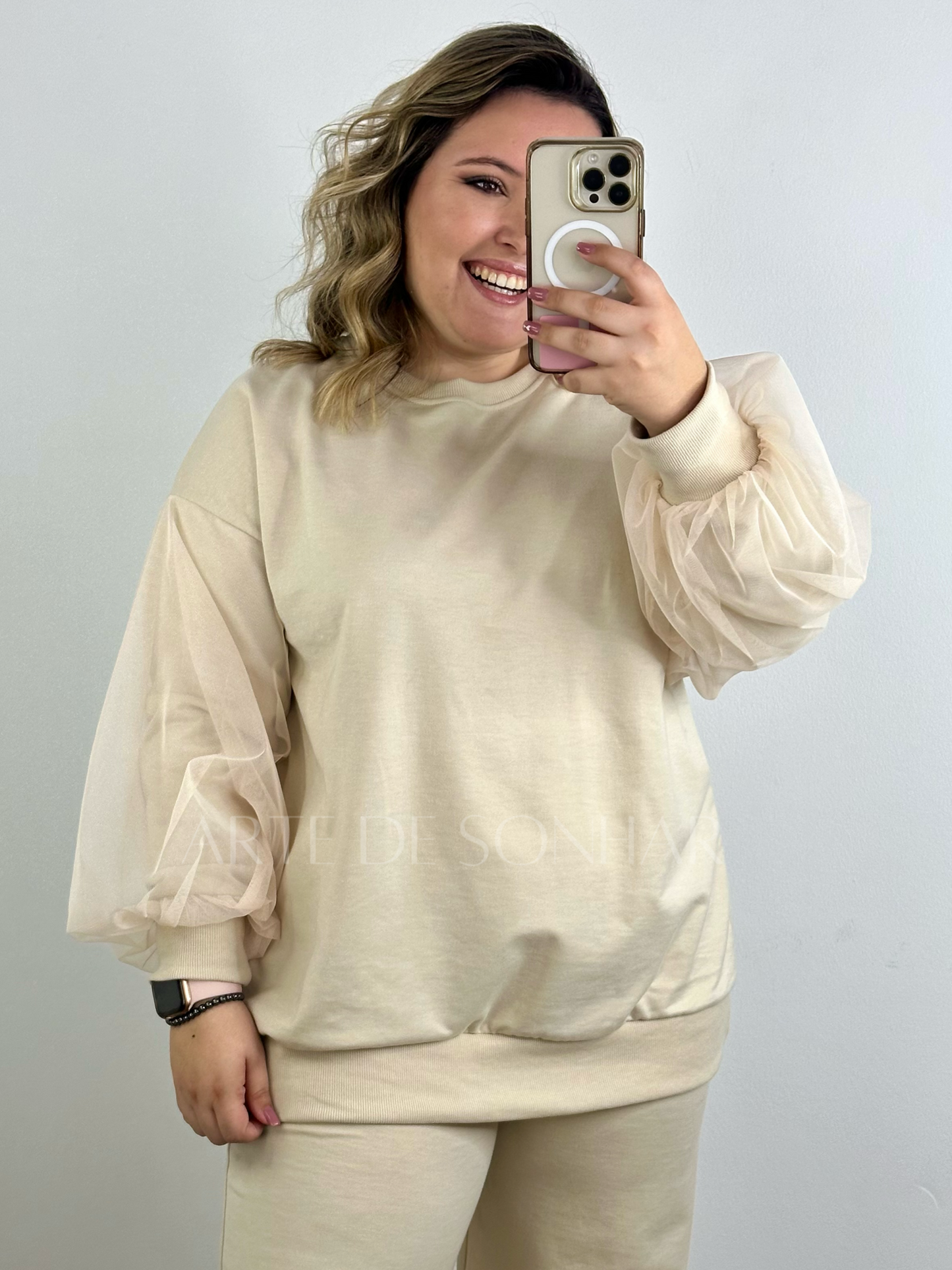 Camisola bege com manga tule 🇵🇹