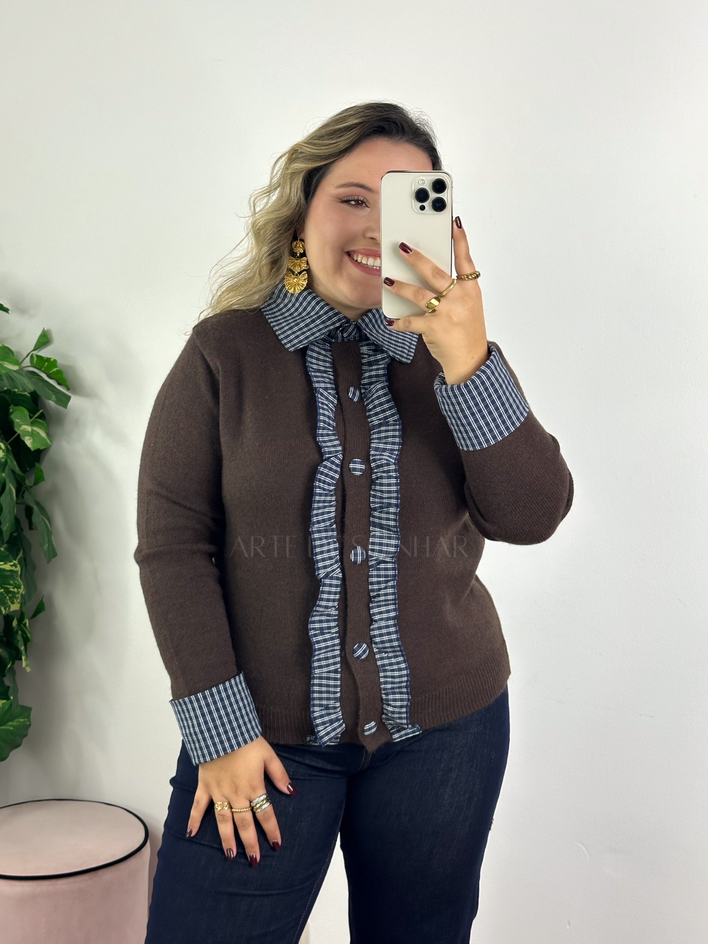 Casaco de malha diferenciado castanho