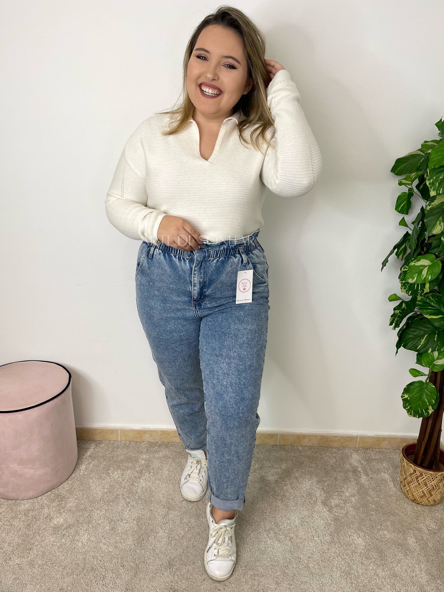Camisola polo com malha riscada
