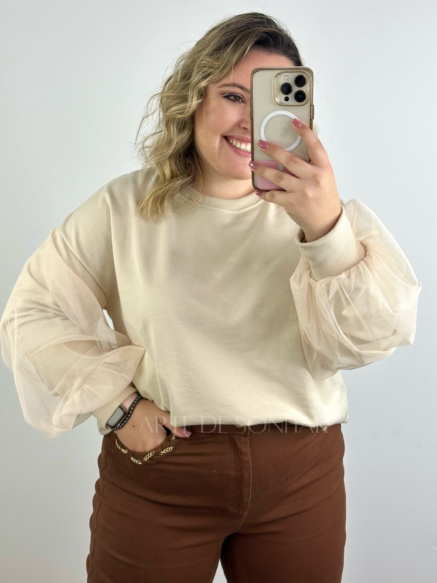 Camisola bege com manga tule 🇵🇹