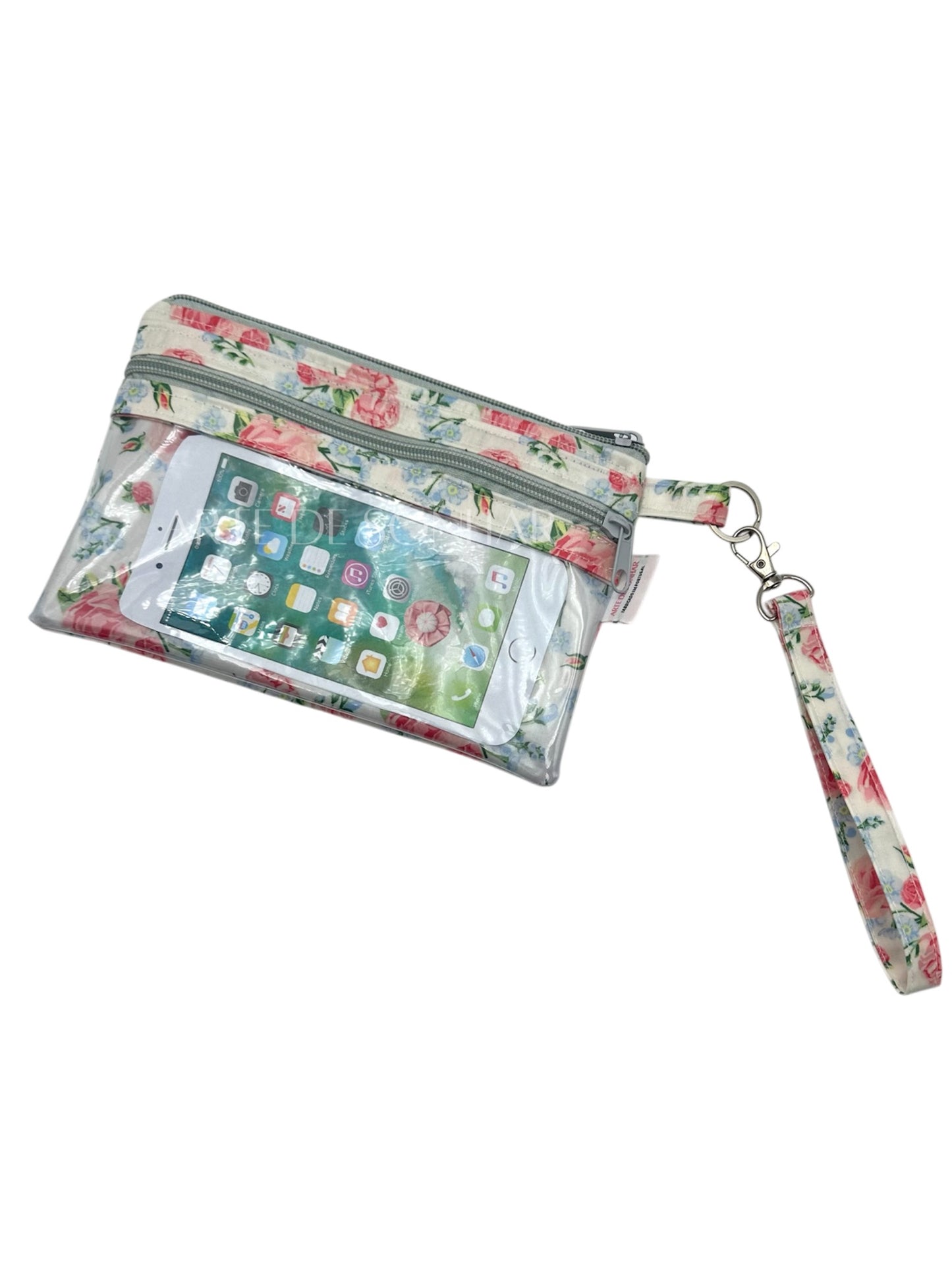 Bolsa de telemóvel de mão de flores rosa e azul tamanho M
