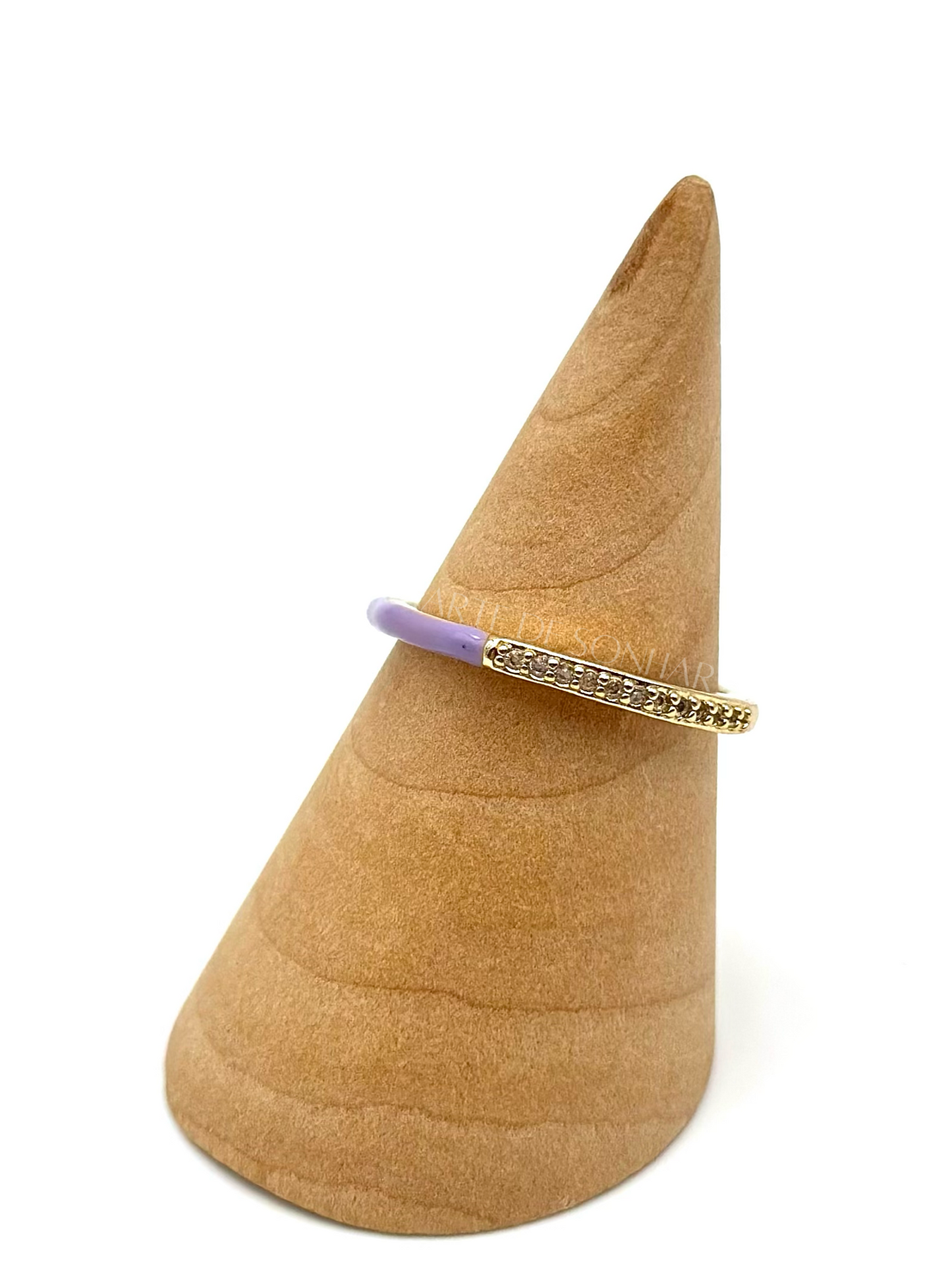 Anel ajustável dourado, lavanda e com cristais