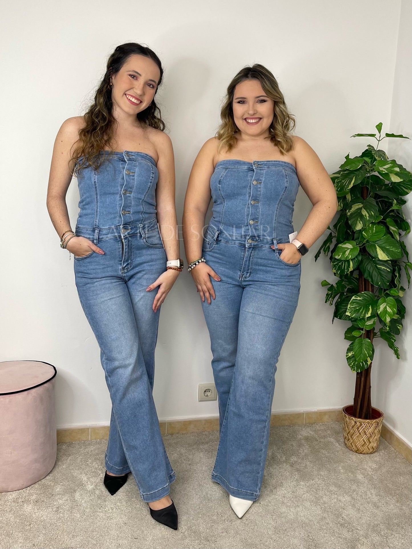 Macacão de ganga efeito cai cai e calça regular fit