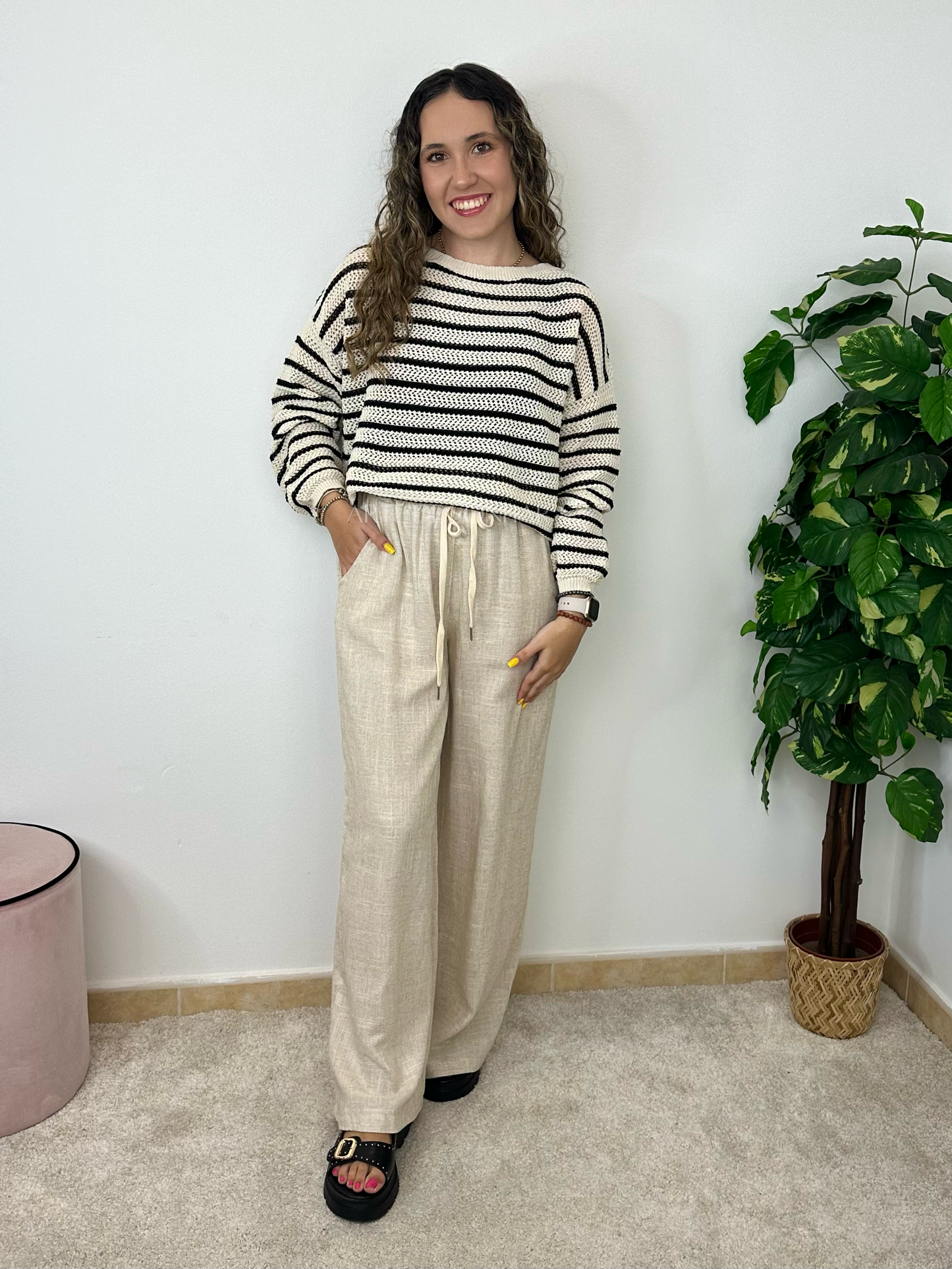 Camisola de crochet de manga comprida com riscas