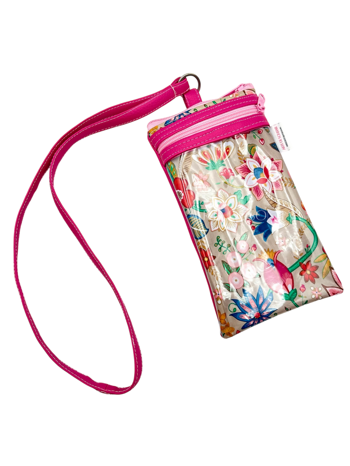 Bolsa de telemóvel de pescoço L bege com rosa e alça rosa