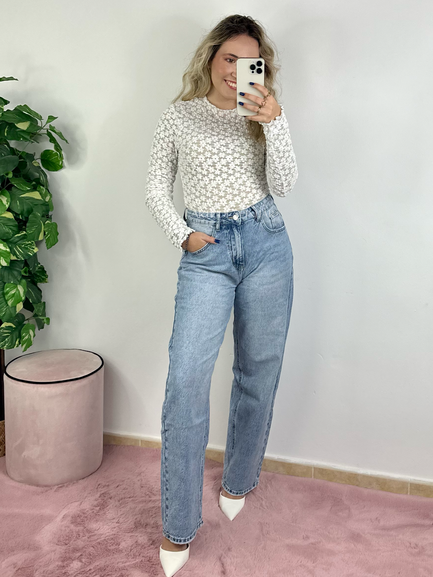 Calças balloon de ganga clara