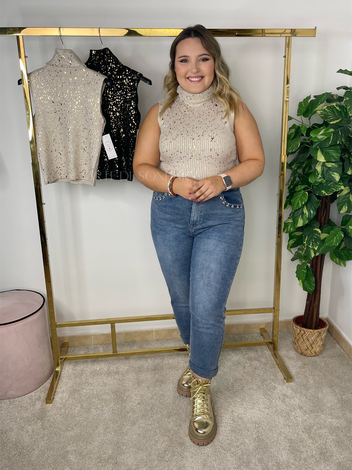 Camisola de malha com efeitos dourados