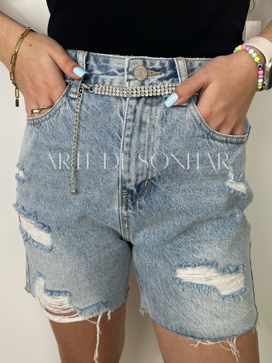 Calções de ganga com cinto brilhante