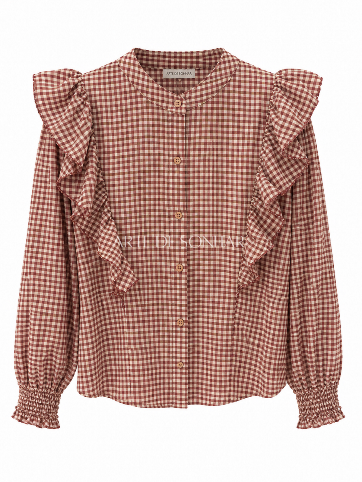 Camisa com folhos e quadradinhos bordeaux e castanho