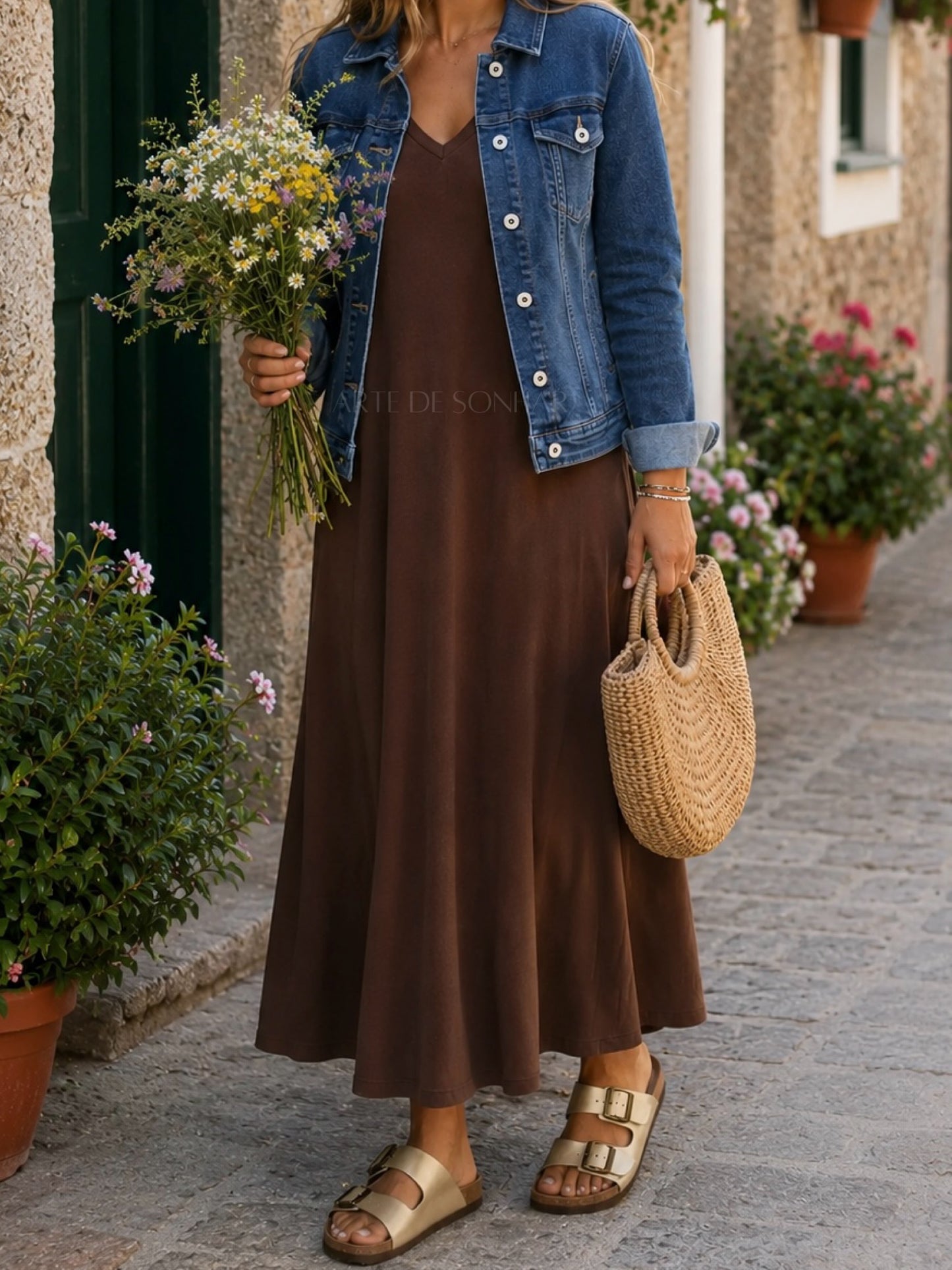 Vestido de malha fria castanho