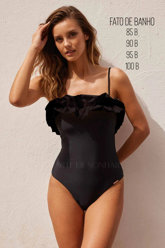 Fato de Banho preto com folho à frente