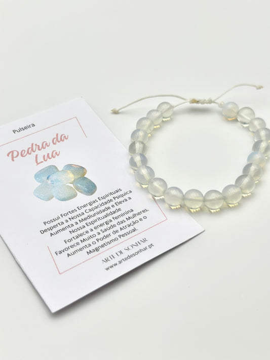 Pulseira da Pedra da Lua 6 mm com corda branca