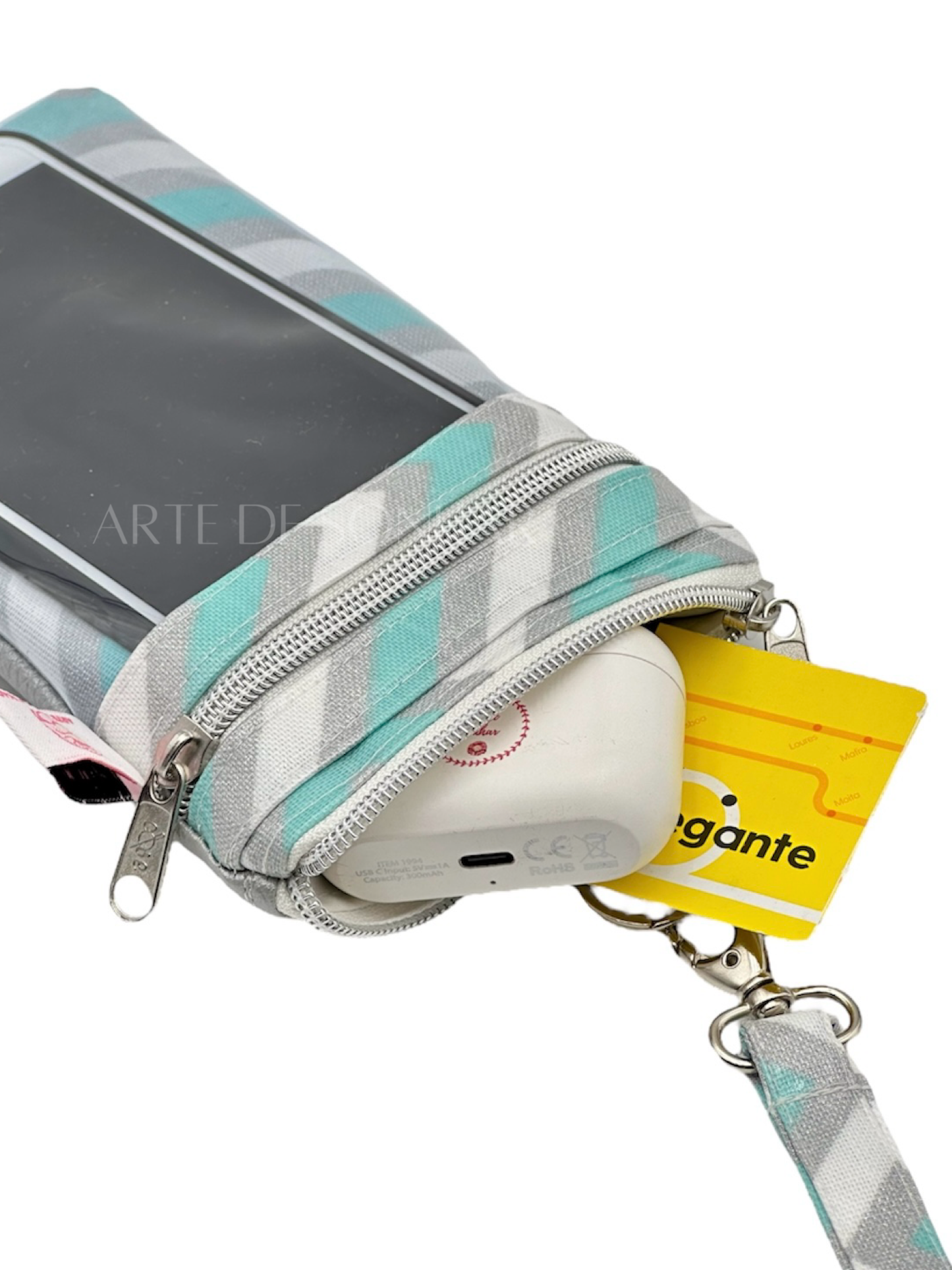 Bolsa de telemóvel de pescoço M verde água, branco e prateado