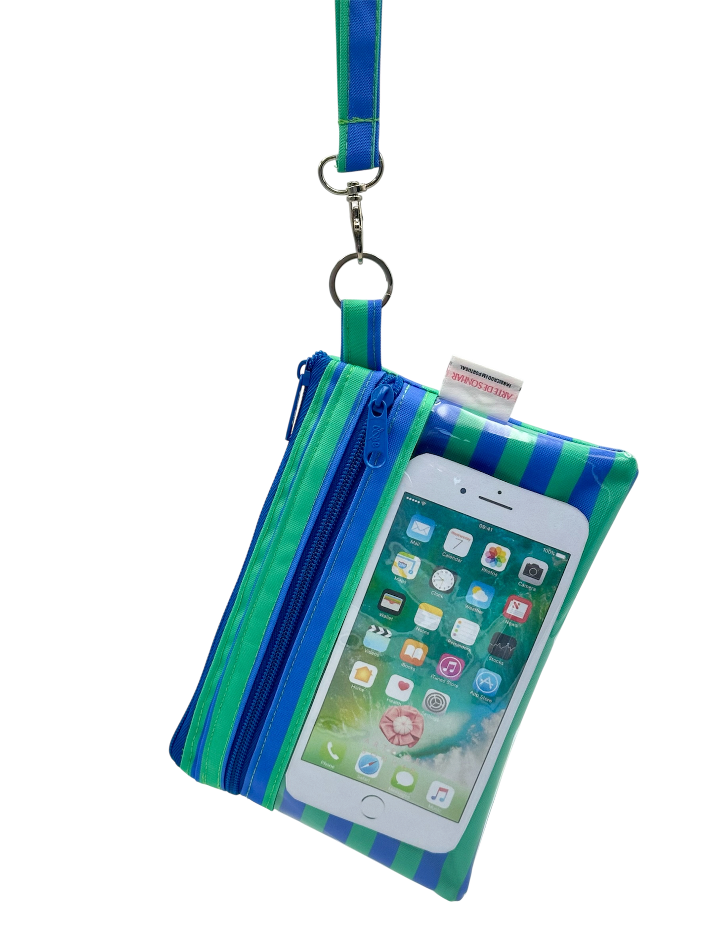 Bolsa de telemóvel de mão com riscas azul e verde tamanho M