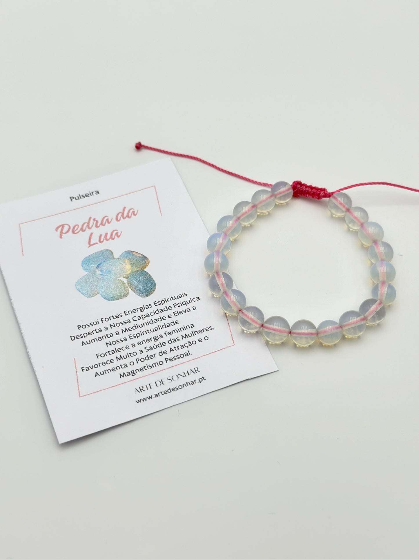 Pulseira da Pedra da Lua 6 mm com corda rosa