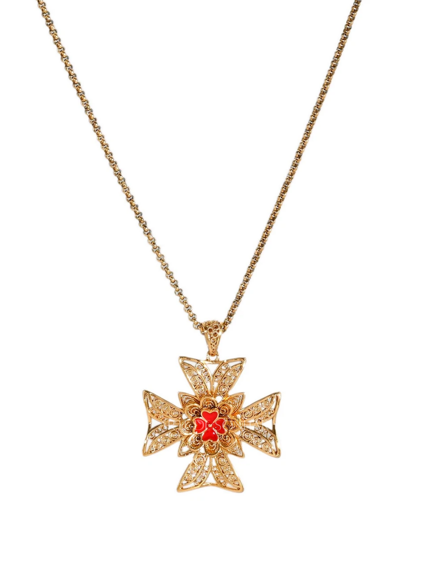 Colar Cruz de Malta com trevo vermelho M
