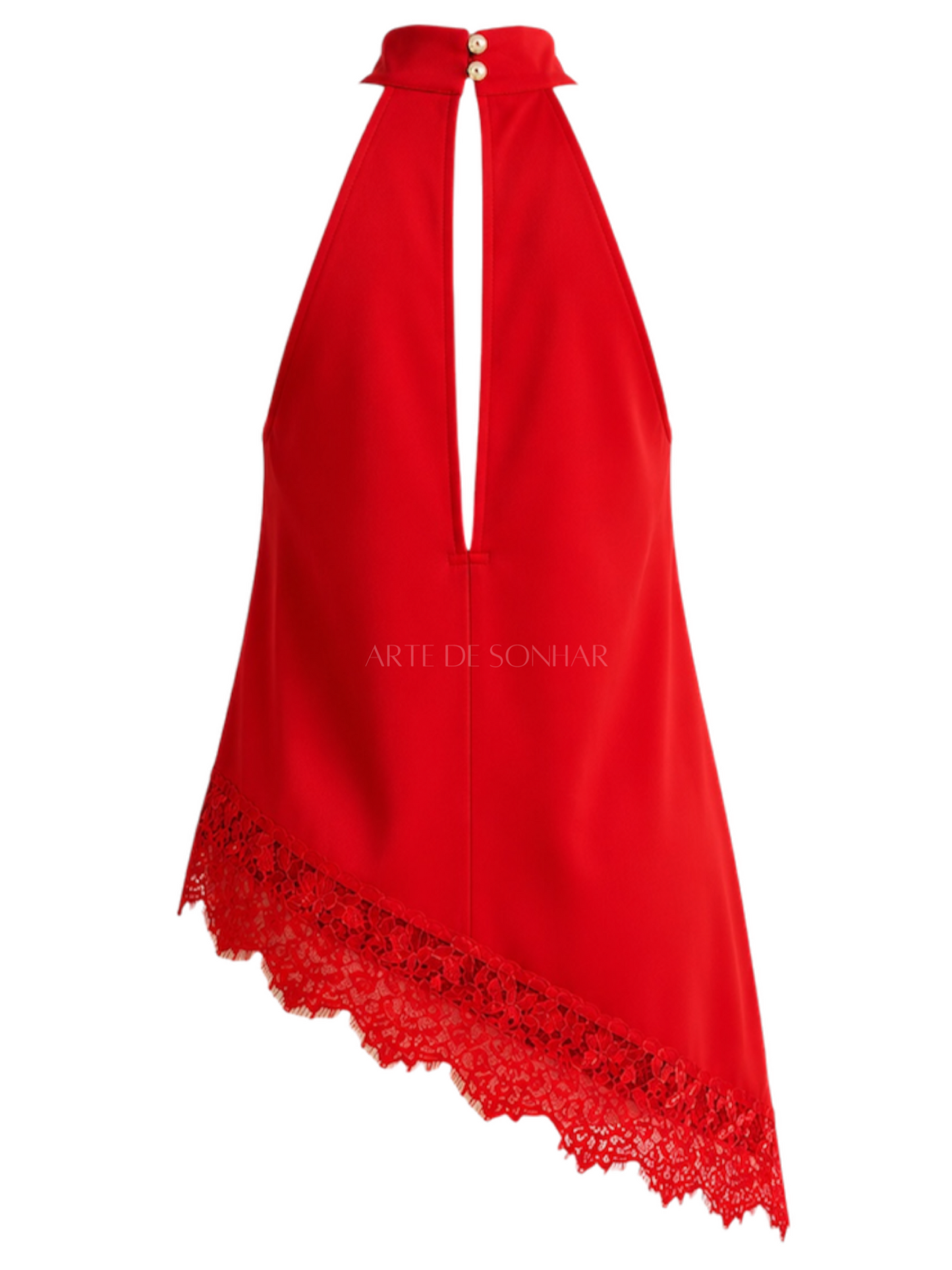 Top vermelho acetinado assimétrico com renda