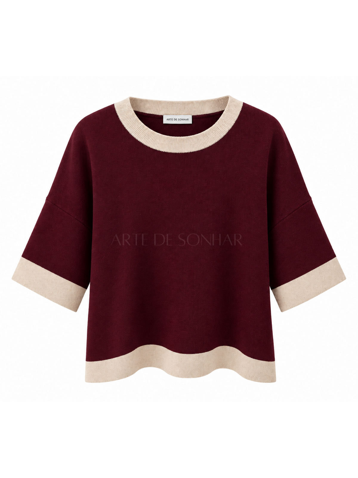 Camisola de malha bordeaux com risca bege claro