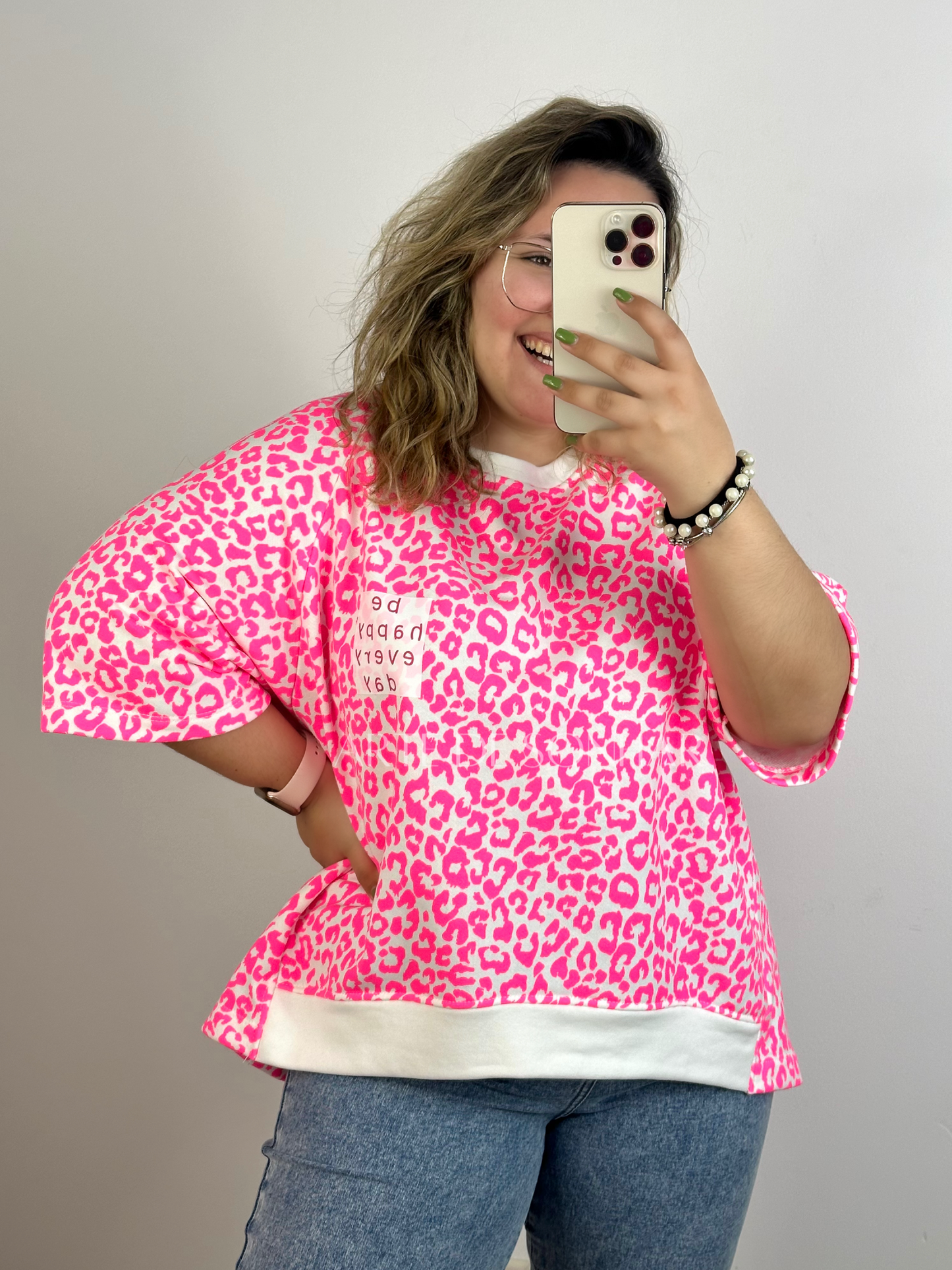 Sweat de manga curta animal print rosa