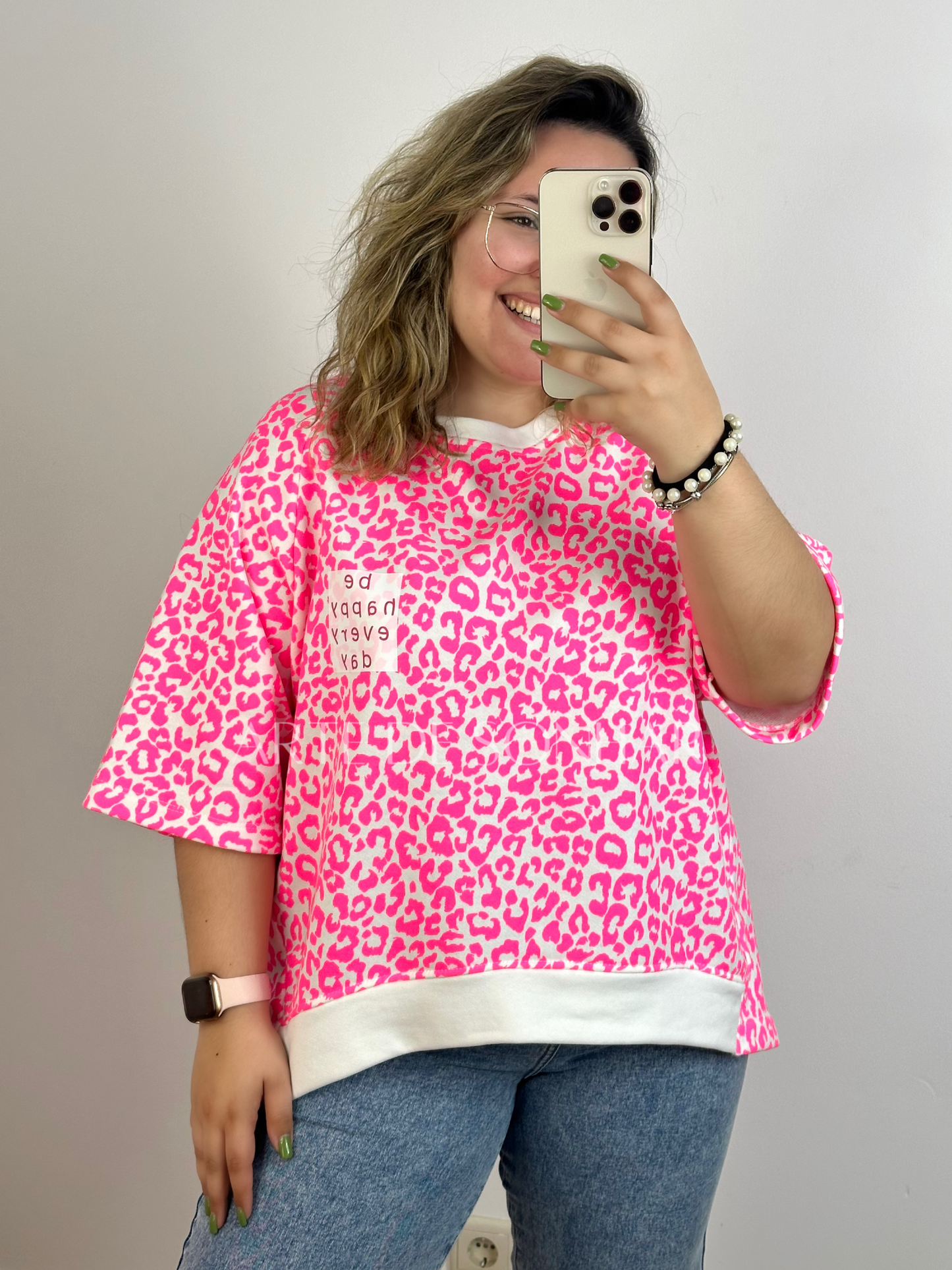 Sweat de manga curta animal print rosa