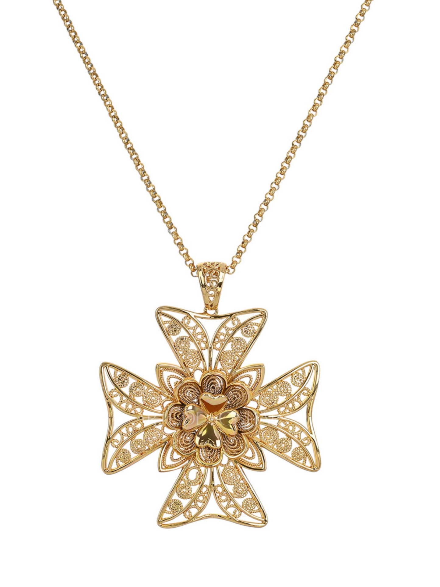 Colar Cruz de Malta com trevo dourado XL