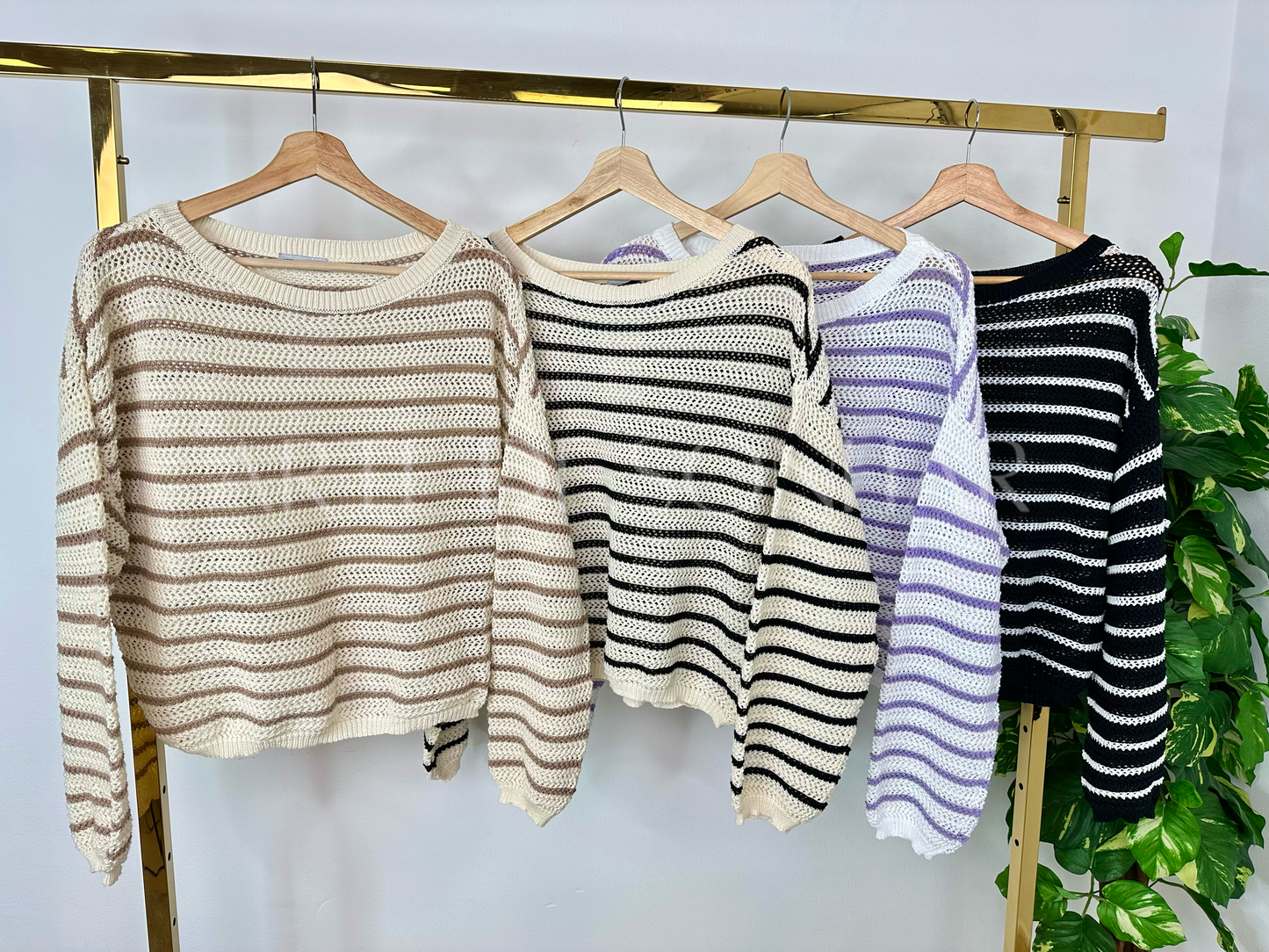 Camisola de crochet de manga comprida com riscas
