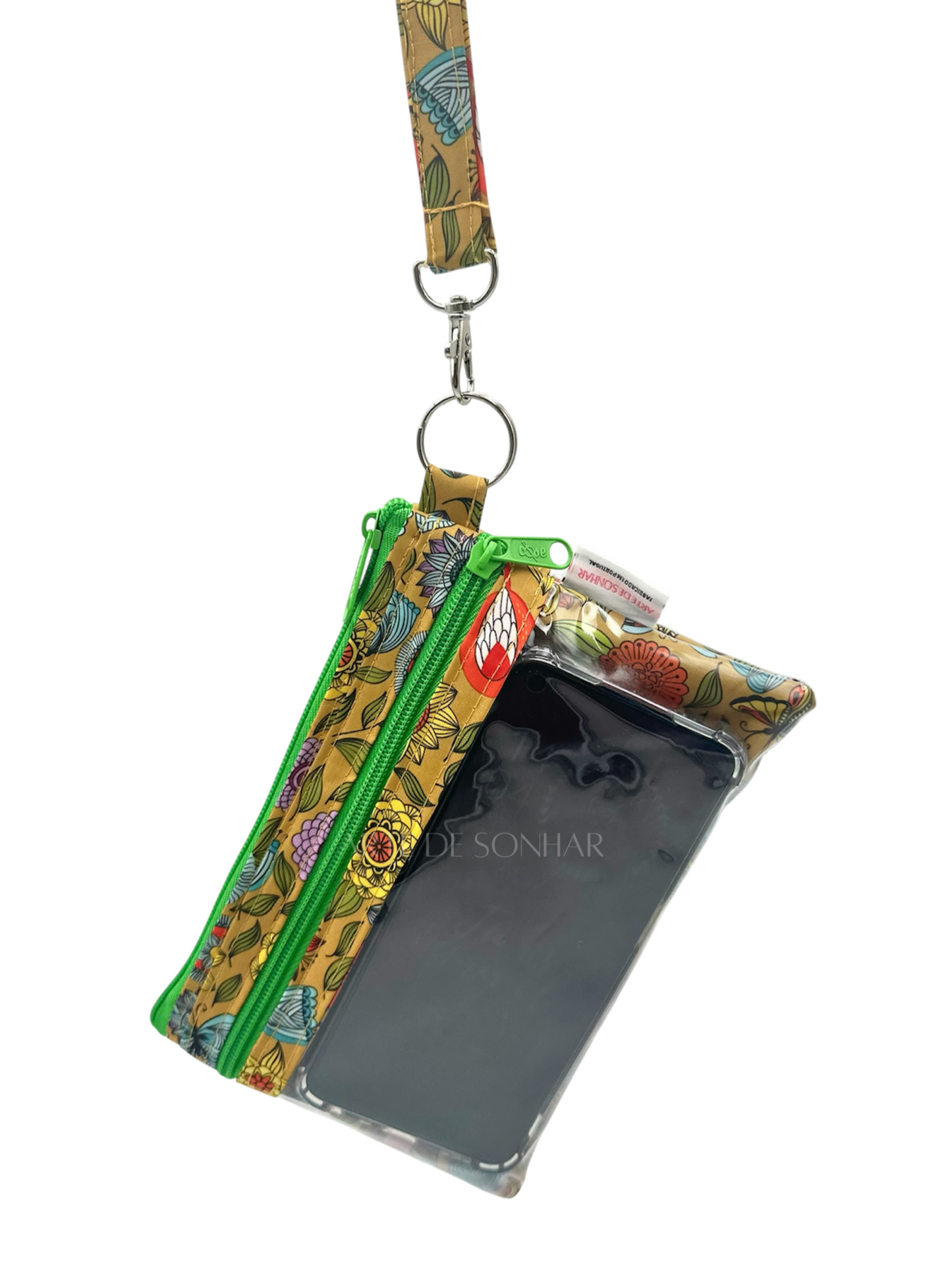 Bolsa de telemóvel de mão dupla amarela com borboletas e flores com fechos verdes tamanho M