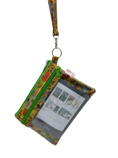 Bolsa de telemóvel/kobo de mão dupla amarela com borboletas e flores com fechos verdes tamanho L