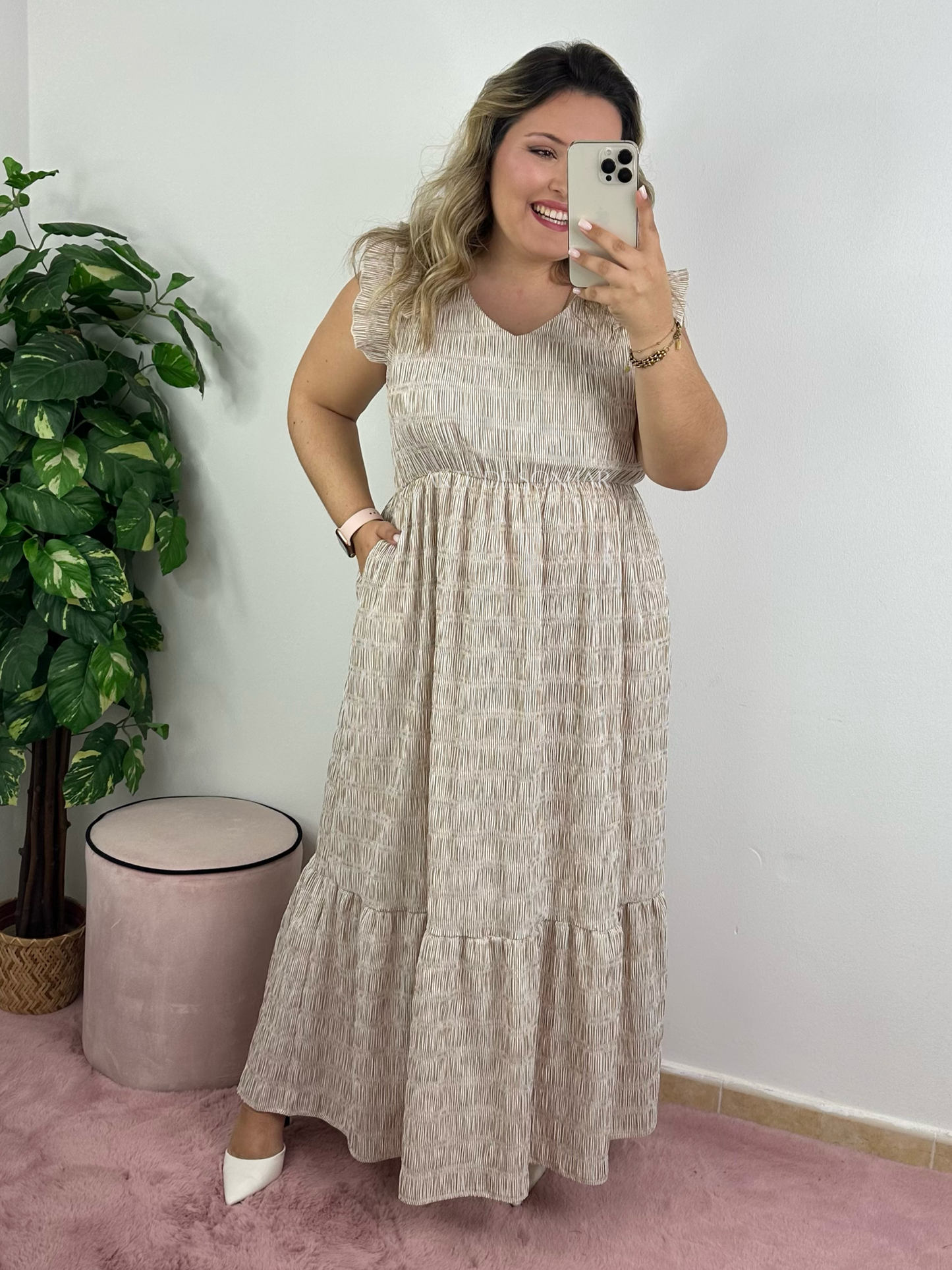 Vestido de riscas bege