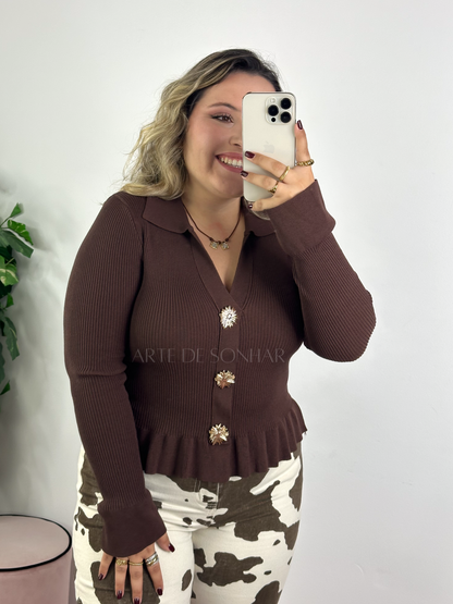 Camisola de malha com folhos castanha