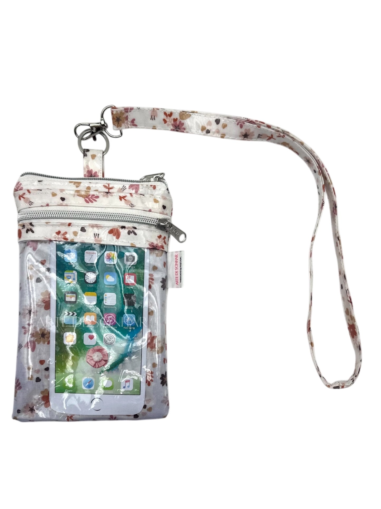 Bolsa de telemóvel de pescoço com flores camel tamanho M