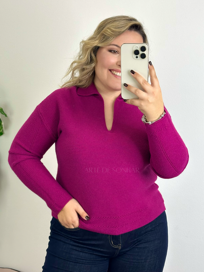 Camisola polo com malha riscada