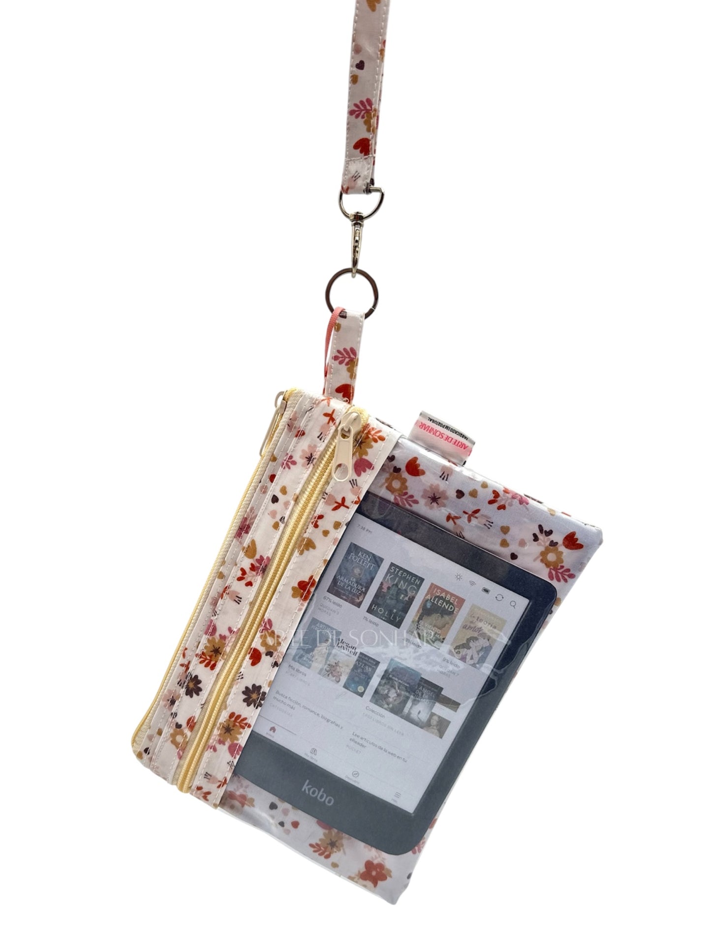Bolsa de telemóvel/kobo de mão das flores camel tamanho L