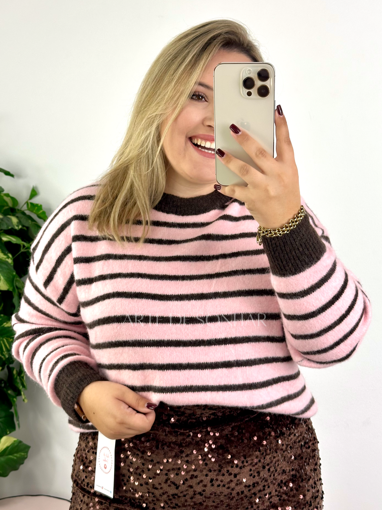 Camisola fofinha de riscas rosa e castanhas