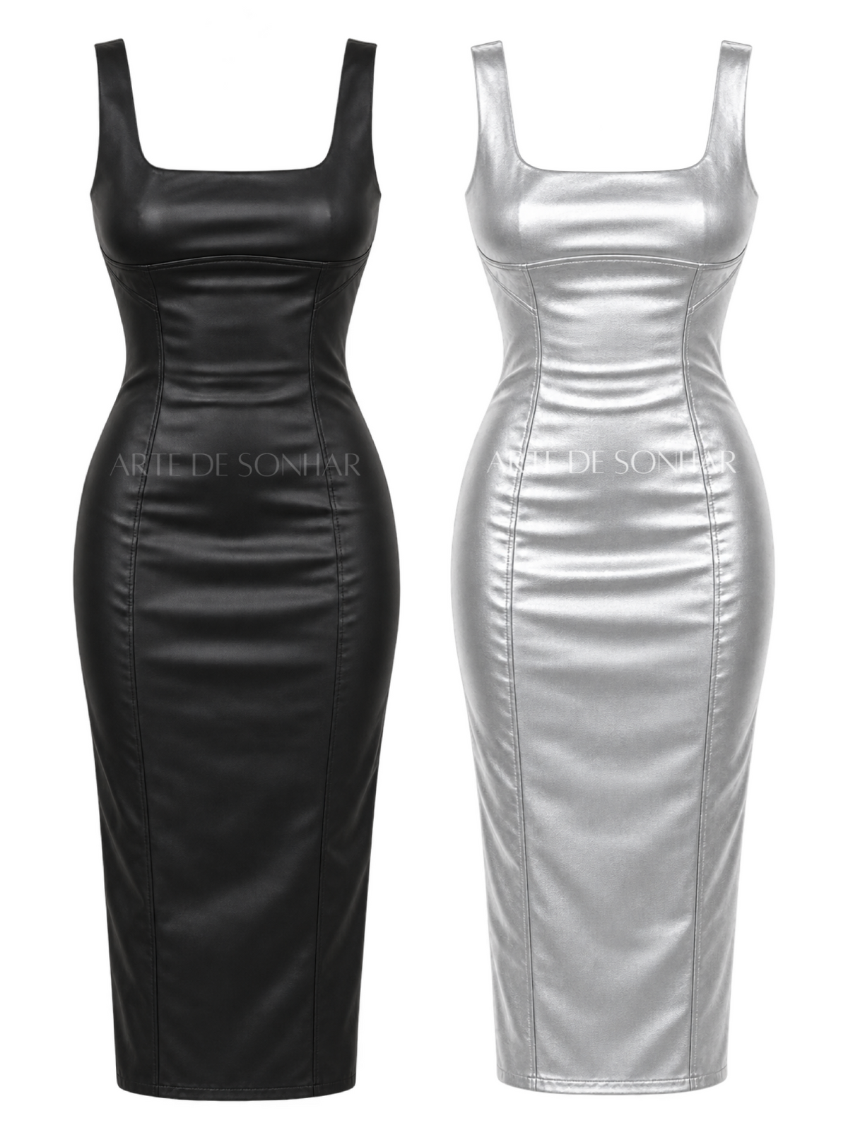 Vestido napa justo comprido com alça