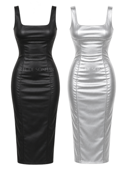Vestido napa justo comprido com alça
