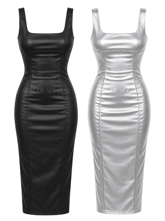 Vestido napa justo comprido com alça