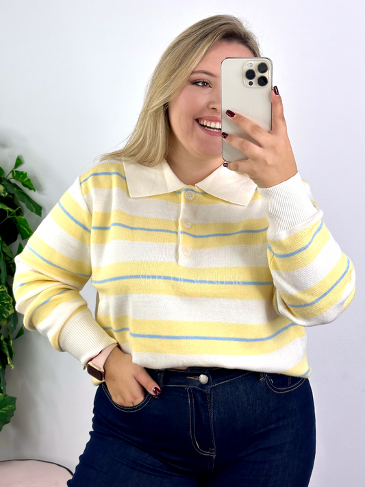 Polo de riscas bege, amarelo e azul