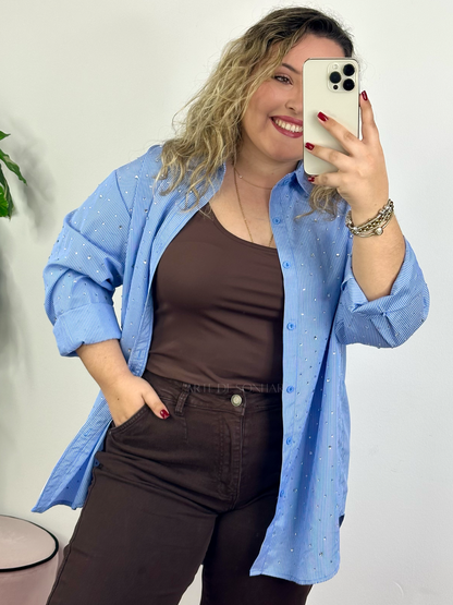 Camisa de riscas com cristais azul escura