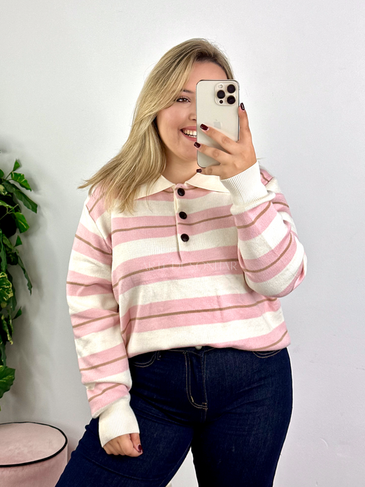 Polo de riscas bege e rosa