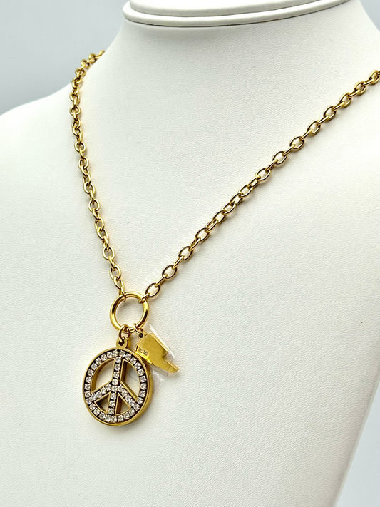 Colar do símbolo da paz com raio dourado