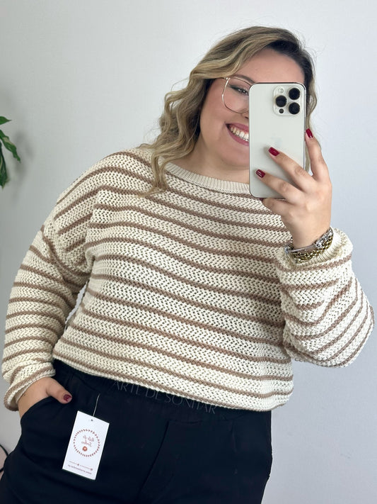 Camisola bege de crochet de manga comprida com riscas camel