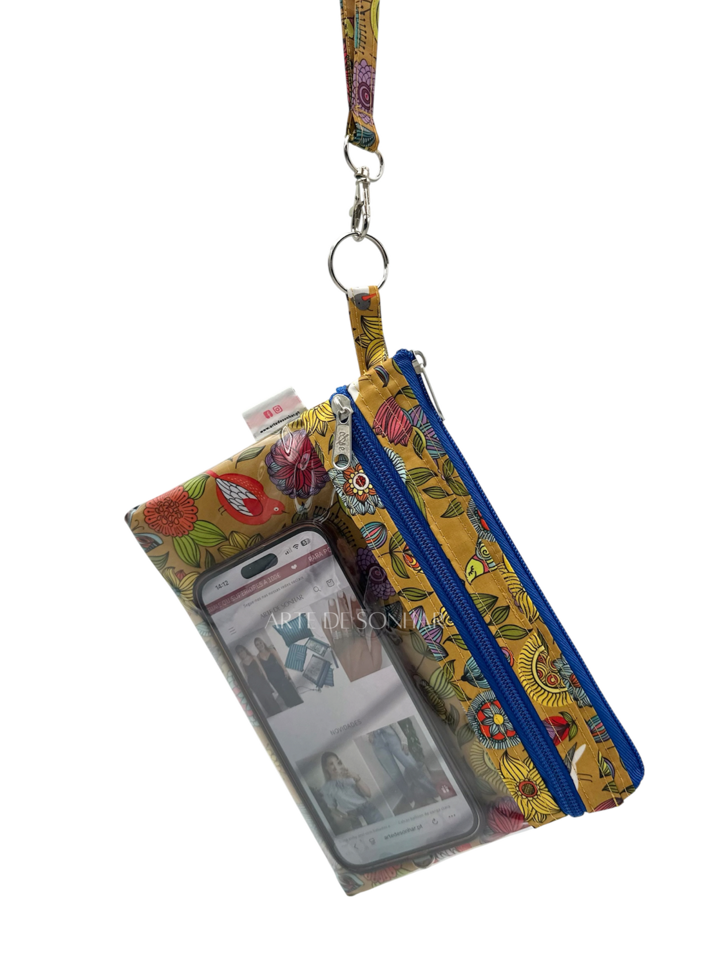 Bolsa de telemóvel/kobo de mão dupla amarela com borboletas e flores com fechos azuis tamanho L